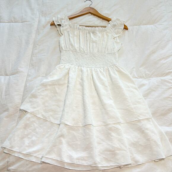 Shein White Swiss Dot Off-Shoulder Smocked Ruffle Mini Dress Size Small - Picture 4 of 6